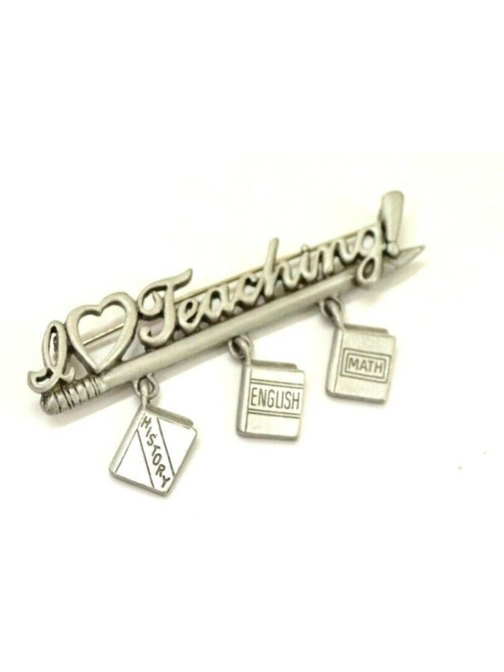 Pewter Love Teaching Brooch JJ History English Math Books Pin Lapel School Vtg